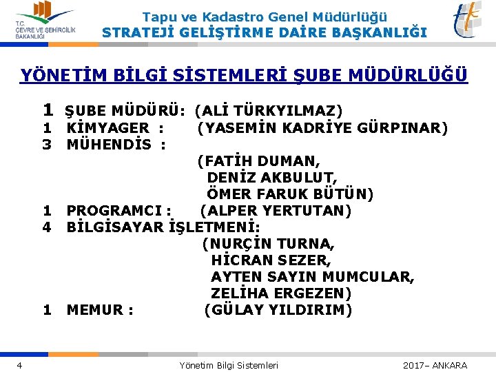 Tapu ve Kadastro Genel Müdürlüğü STRATEJİ GELİŞTİRME DAİRE BAŞKANLIĞI YÖNETİM BİLGİ SİSTEMLERİ ŞUBE MÜDÜRLÜĞÜ