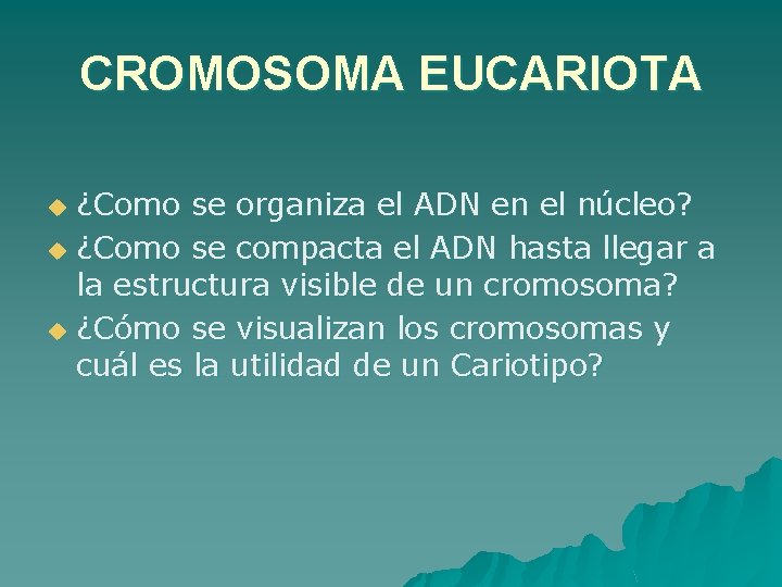 CROMOSOMA EUCARIOTA ¿Como se organiza el ADN en el núcleo? u ¿Como se compacta
