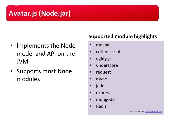 Avatar. js (Node. jar) Supported module highlights • Implements the Node model and API Avatar. js (Node. jar) Supported module highlights • Implements the Node model and API
