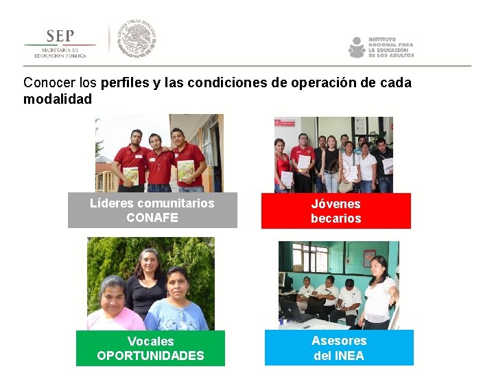 Conocer los perfiles y las condiciones de operación de cada modalidad Líderes comunitarios CONAFE Conocer los perfiles y las condiciones de operación de cada modalidad Líderes comunitarios CONAFE