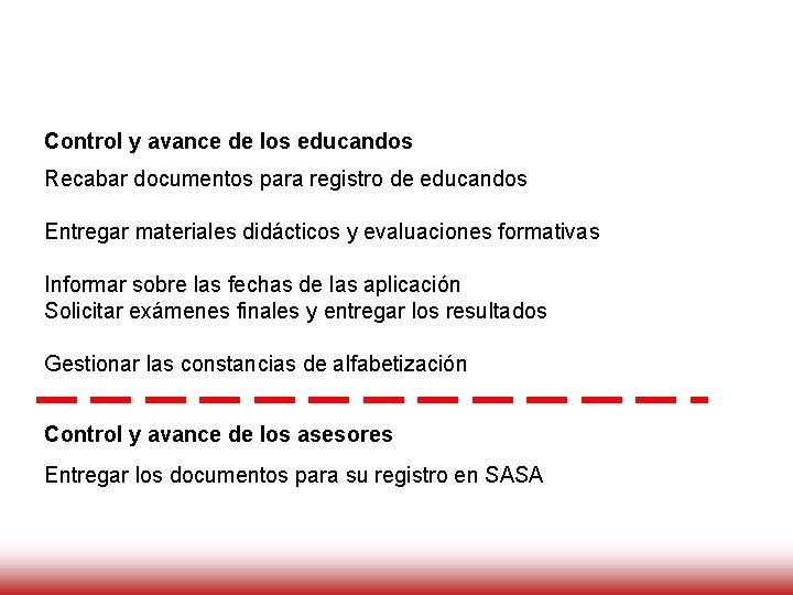 Control y avance de los educandos Recabar documentos para registro de educandos Entregar materiales Control y avance de los educandos Recabar documentos para registro de educandos Entregar materiales