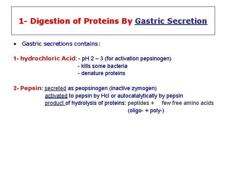 1 - Digestion of Proteins By Gastric Secretion • Gastric secretions contains: 1 -