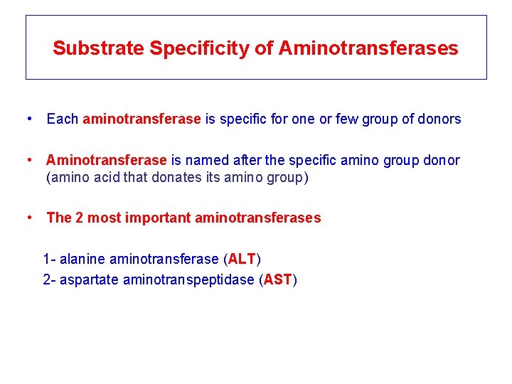 Substrate Specificity of Aminotransferases • Each aminotransferase is specific for one or few group