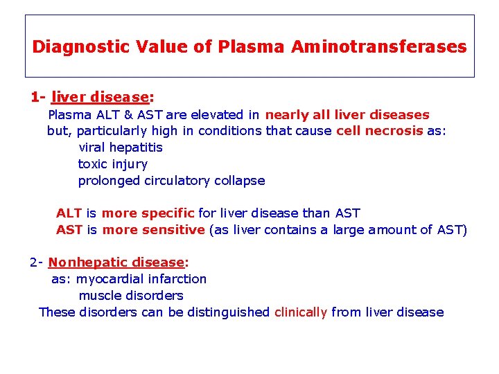 Diagnostic Value of Plasma Aminotransferases 1 - liver disease: Plasma ALT & AST are