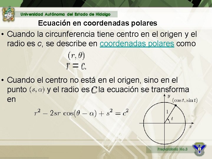 : Ecuación en coordenadas polares • Cuando la circunferencia tiene centro en el origen