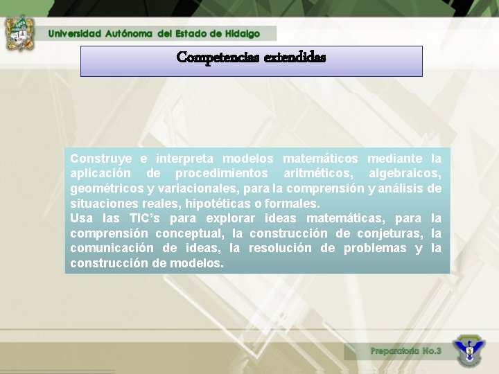 Competencias extendidas Construye e interpreta modelos matemáticos mediante la aplicación de procedimientos aritméticos, algebraicos,