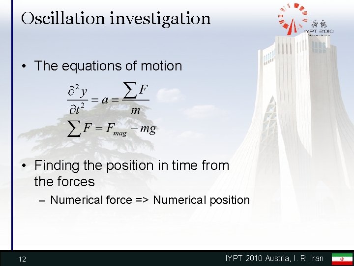 Oscillation investigation • The equations of motion • Finding the position in time from