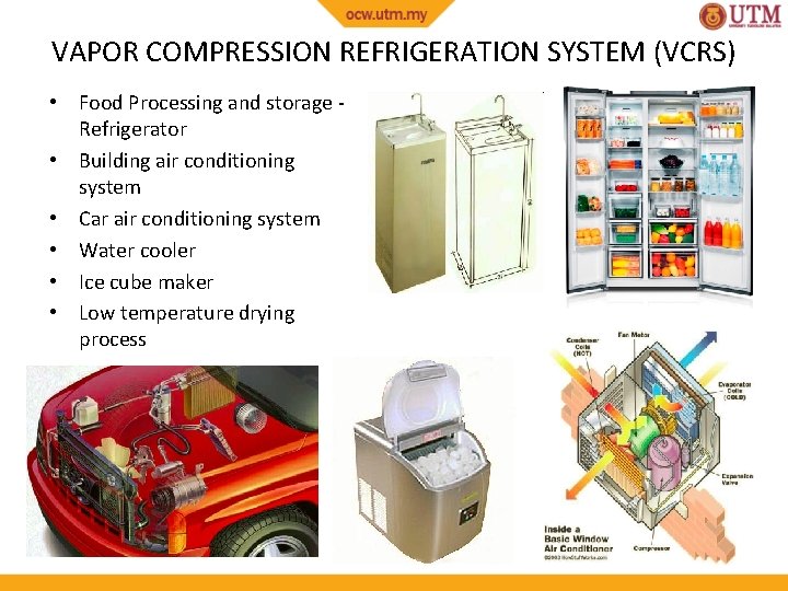 VAPOR COMPRESSION REFRIGERATION SYSTEM (VCRS) • Food Processing and storage Refrigerator • Building air