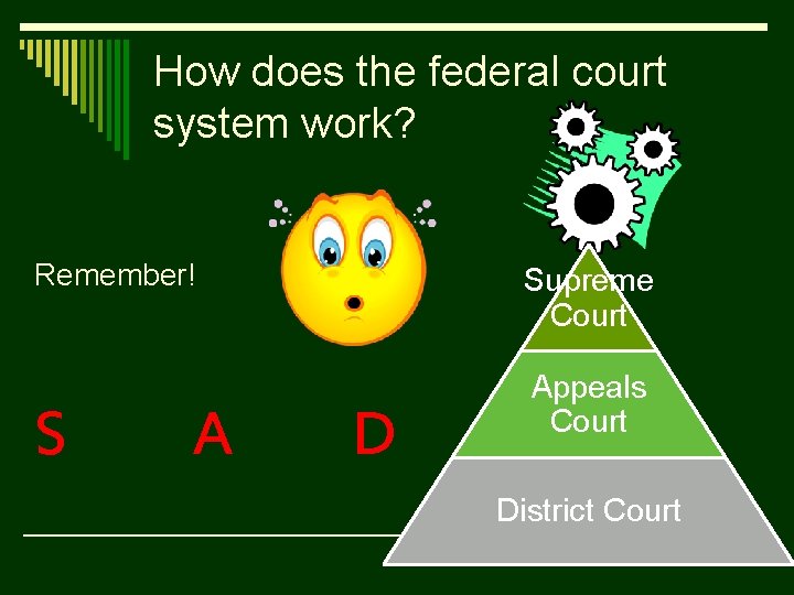 How does the federal court system work? Remember! S A Supreme Court D Appeals