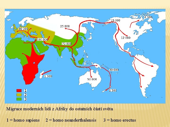Migrace moderních lidí z Afriky do ostatních částí světa 1 = homo sapiens 2