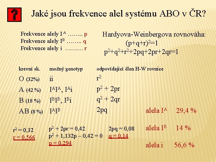 Jaké jsou frekvence alel systému ABO v ČR? Frekvence alely I A ……. .