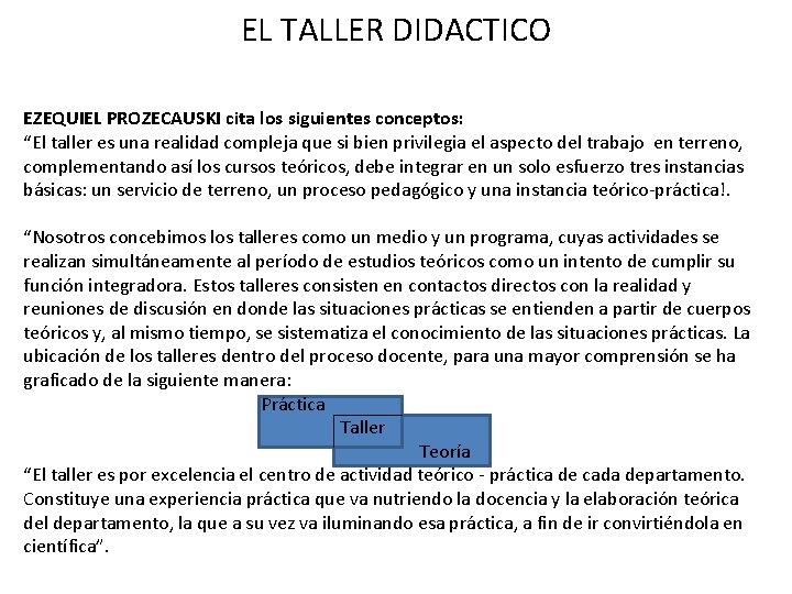 EL TALLER DIDACTICO EZEQUIEL PROZECAUSKI cita los siguientes conceptos: “El taller es una realidad