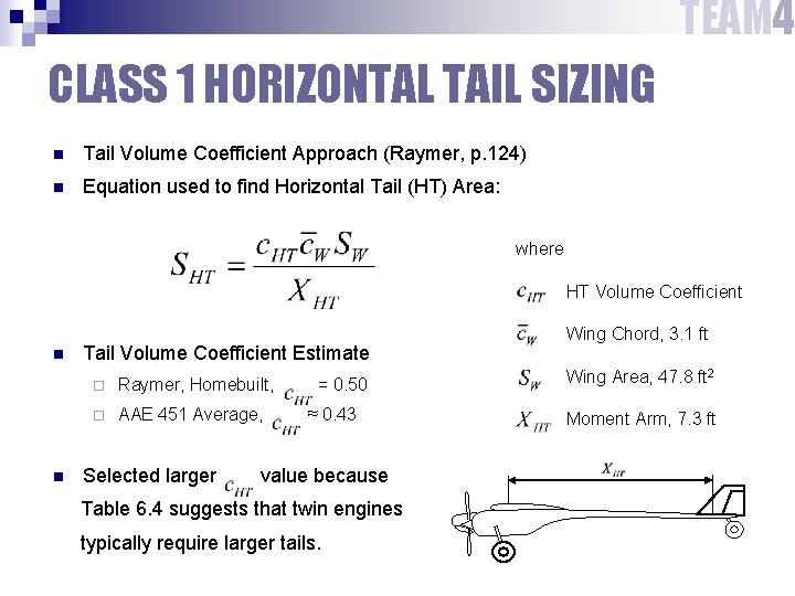 TEAM 4 CLASS 1 HORIZONTAL TAIL SIZING n Tail Volume Coefficient Approach (Raymer, p.