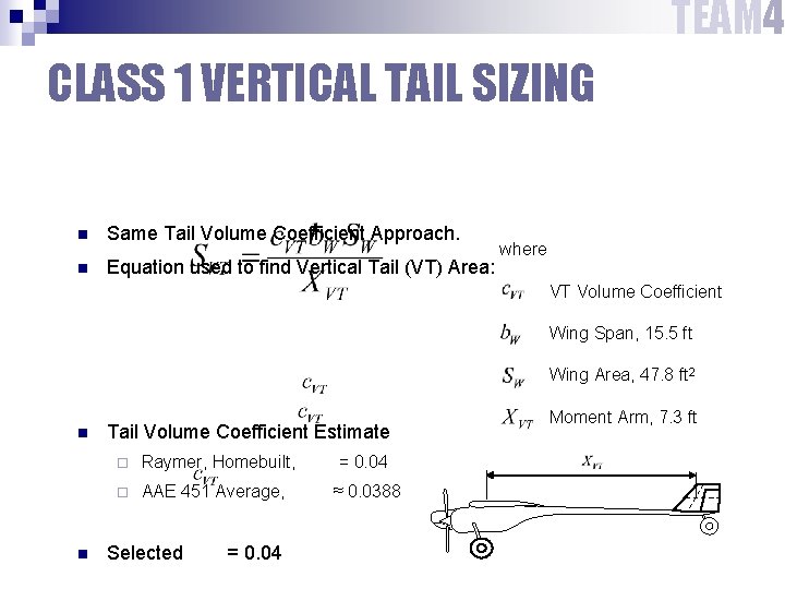 TEAM 4 CLASS 1 VERTICAL TAIL SIZING n Same Tail Volume Coefficient Approach. n