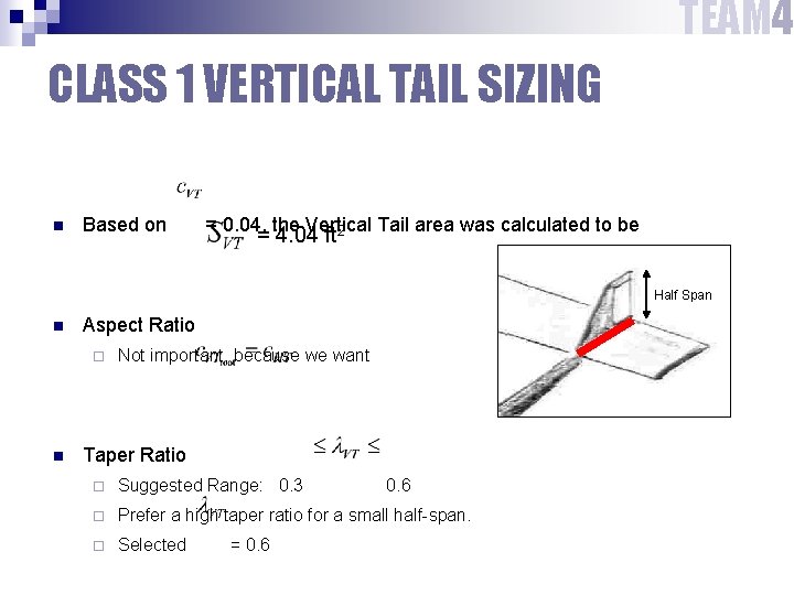 TEAM 4 CLASS 1 VERTICAL TAIL SIZING n Based on = 0. 04, the