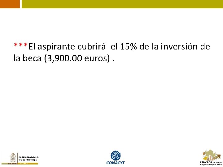 ***El aspirante cubrirá el 15% de la inversión de la beca (3, 900. 00