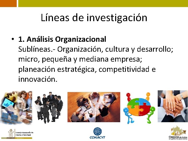 Líneas de investigación • 1. Análisis Organizacional Sublíneas. - Organización, cultura y desarrollo; micro,
