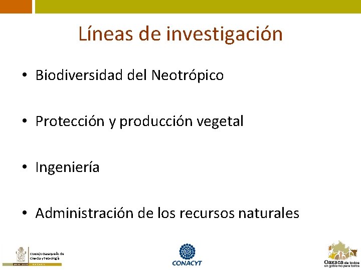 Líneas de investigación • Biodiversidad del Neotrópico • Protección y producción vegetal • Ingeniería