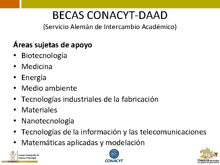 BECAS CONACYT-DAAD (Servicio Alemán de Intercambio Académico) Áreas sujetas de apoyo • Biotecnología •