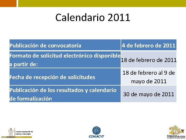 Calendario 2011 Publicación de convocatoria 4 de febrero de 2011 Formato de solicitud electrónico
