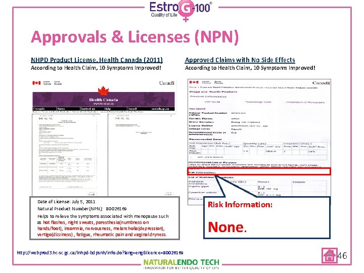 Approvals & Licenses (NPN) NHPD Product License, Health Canada (2011) According to Health Claim,