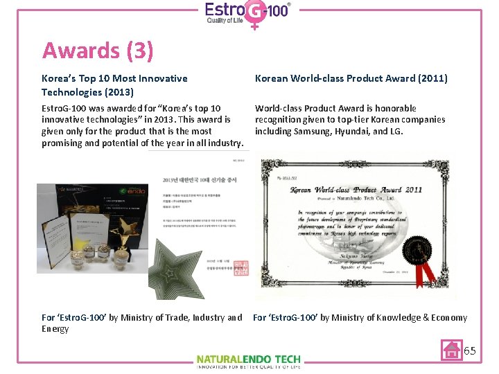 Awards (3) Korea’s Top 10 Most Innovative Technologies (2013) Korean World-class Product Award (2011)