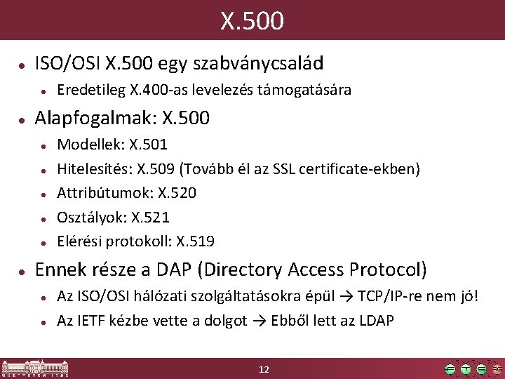 X. 500 ISO/OSI X. 500 egy szabványcsalád Alapfogalmak: X. 500 Eredetileg X. 400 -as X. 500 ISO/OSI X. 500 egy szabványcsalád Alapfogalmak: X. 500 Eredetileg X. 400 -as
