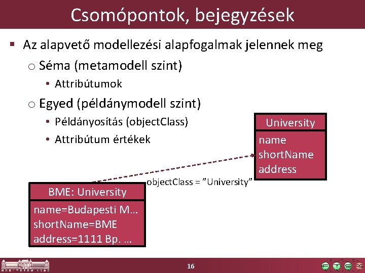 Csomópontok, bejegyzések § Az alapvető modellezési alapfogalmak jelennek meg o Séma (metamodell szint) • Csomópontok, bejegyzések § Az alapvető modellezési alapfogalmak jelennek meg o Séma (metamodell szint) •
