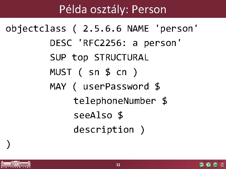 Példa osztály: Person objectclass ( 2. 5. 6. 6 NAME 'person' DESC 'RFC 2256: