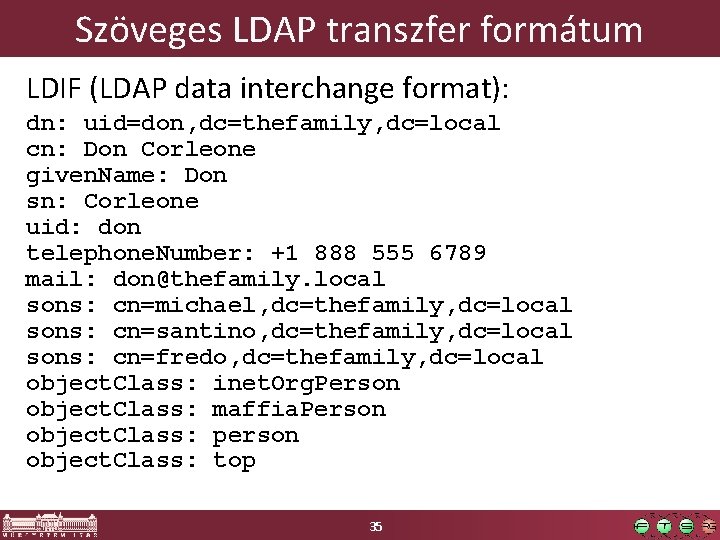 Szöveges LDAP transzfer formátum LDIF (LDAP data interchange format): dn: uid=don, dc=thefamily, dc=local cn: Szöveges LDAP transzfer formátum LDIF (LDAP data interchange format): dn: uid=don, dc=thefamily, dc=local cn: