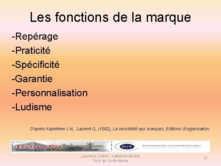 Les fonctions de la marque -Repérage -Praticité -Spécificité -Garantie -Personnalisation -Ludisme D’après Kapeferer J-N,