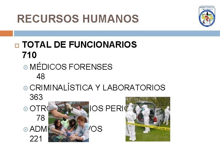 RECURSOS HUMANOS TOTAL DE FUNCIONARIOS 710 MÉDICOS FORENSES 48 CRIMINALÍSTICA Y LABORATORIOS 363 OTROS