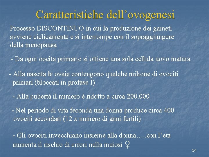  Caratteristiche dell’ovogenesi Processo DISCONTINUO in cui la produzione dei gameti avviene ciclicamente e