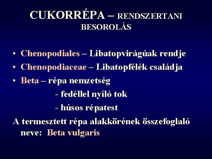 CUKORRÉPA – RENDSZERTANI BESOROLÁS • Chenopodiales – Libatopvirágúak rendje • Chenopodiaceae – Libatopfélék családja