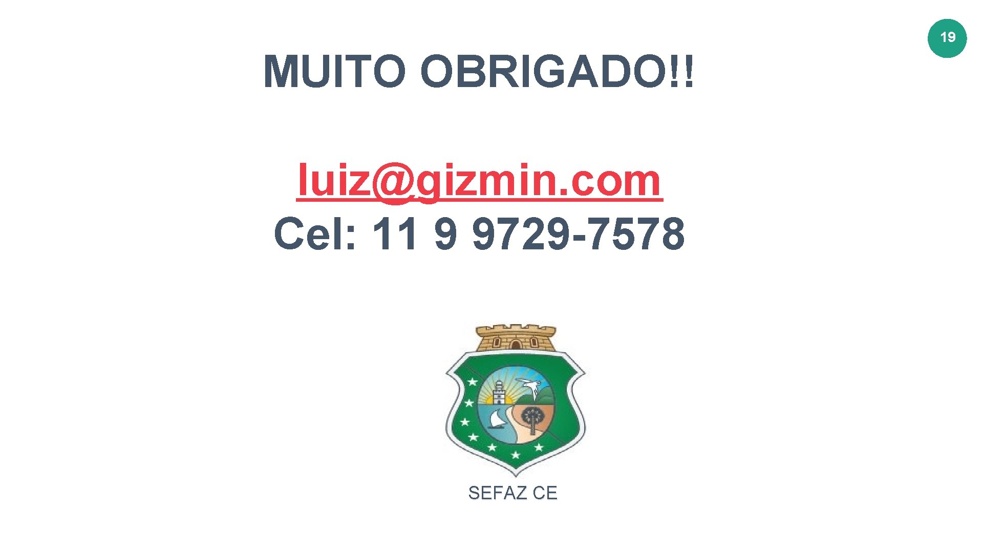 19 MUITO OBRIGADO!! luiz@gizmin. com Cel: 11 9 9729 -7578 SEFAZ CE 