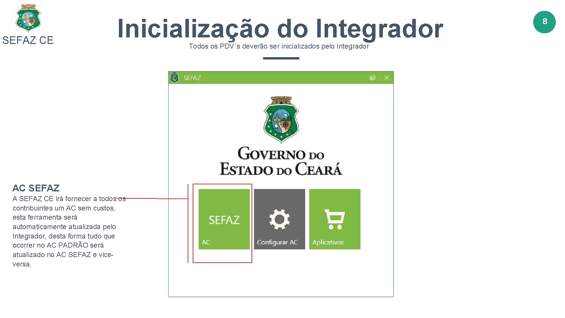 SEFAZ CE Inicialização do Integrador AC SEFAZ A SEFAZ CE irá fornecer a todos