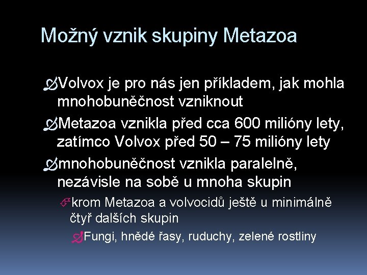 Možný vznik skupiny Metazoa Volvox je pro nás jen příkladem, jak mohla mnohobuněčnost vzniknout