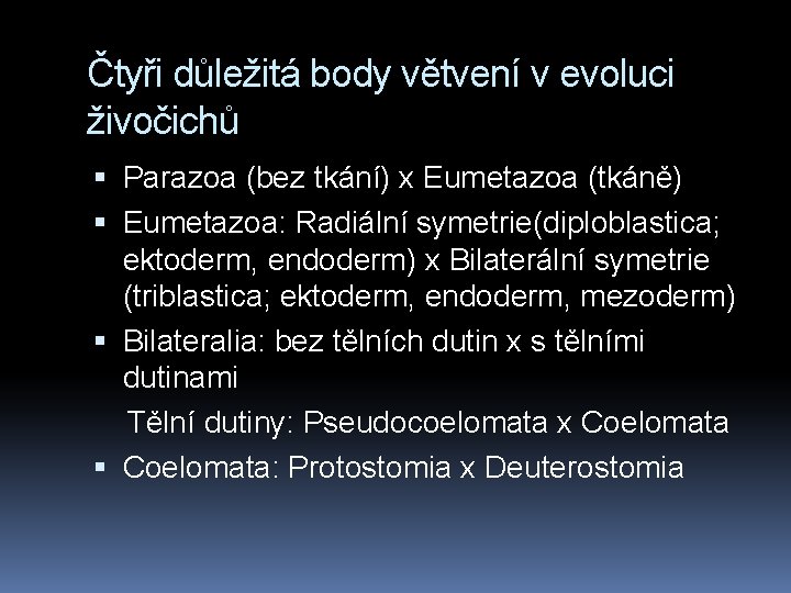 Čtyři důležitá body větvení v evoluci živočichů Parazoa (bez tkání) x Eumetazoa (tkáně) Eumetazoa: