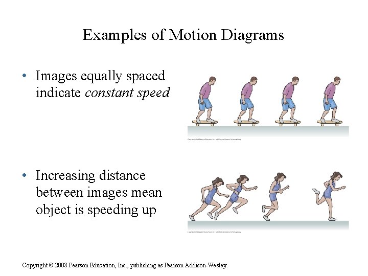 Examples of Motion Diagrams • Images equally spaced indicate constant speed • Increasing distance