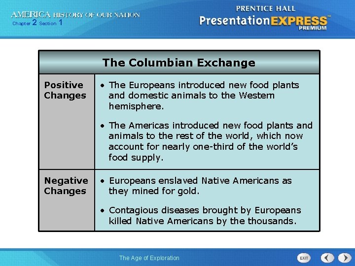 Chapter 2 Section 1 The Columbian Exchange Positive Changes • The Europeans introduced new