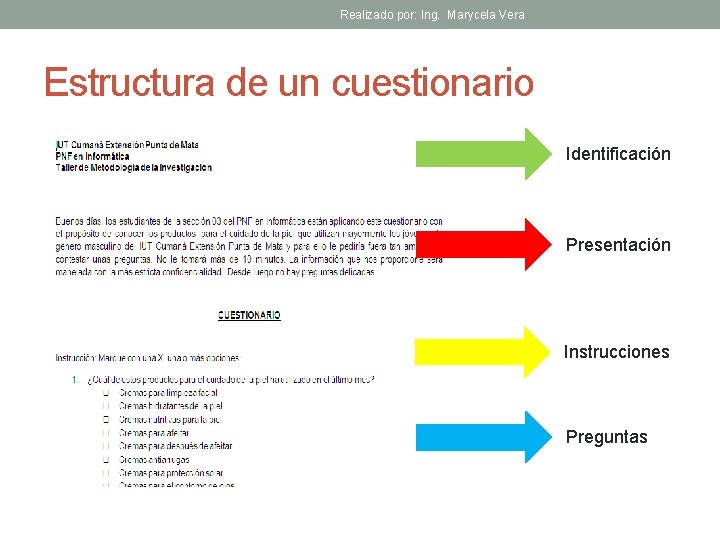 Realizado por: Ing. Marycela Vera Estructura de un cuestionario Identificación Presentación Instrucciones Preguntas 