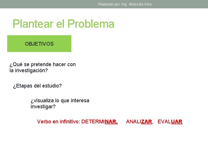 Realizado por: Ing. Marycela Vera Plantear el Problema OBJETIVOS ¿Qué se pretende hacer con