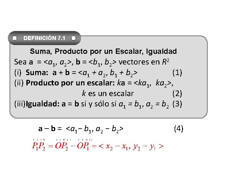 DEFINICIÓN 7. 1 Suma, Producto por un Escalar, Igualdad Sea a = <a 1,