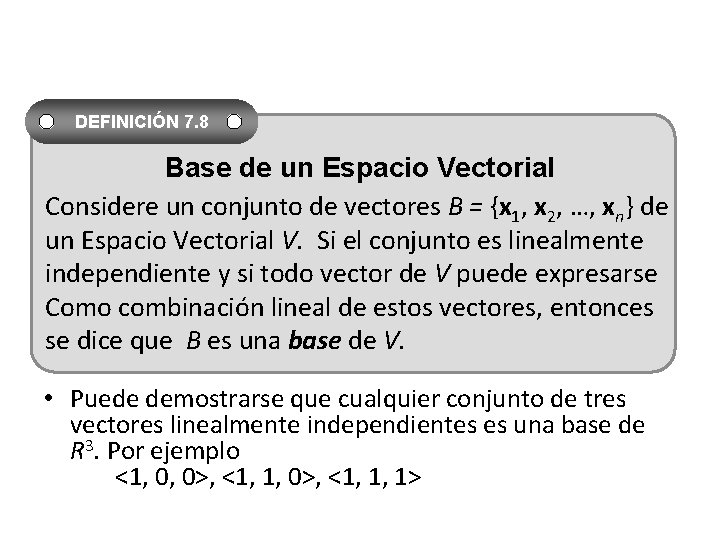 DEFINICIÓN 7. 8 Base de un Espacio Vectorial Considere un conjunto de vectores B