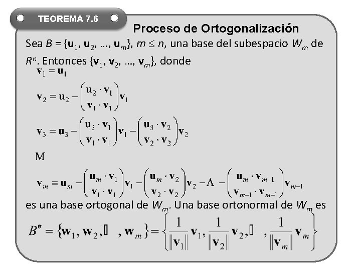 TEOREMA 7. 6 Proceso de Ortogonalización Sea B = {u 1, u 2, …,