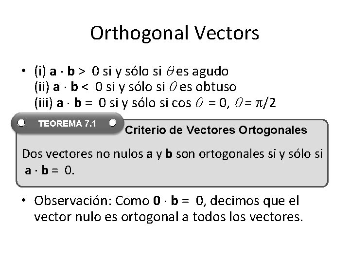 Orthogonal Vectors • (i) a b > 0 si y sólo si es agudo