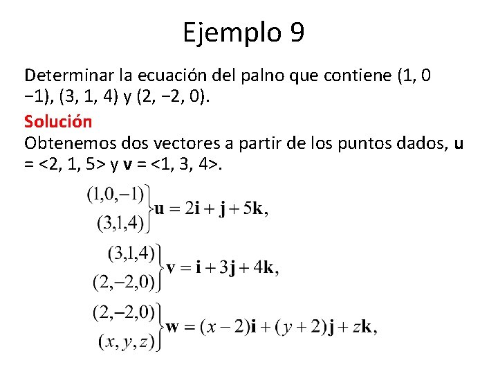 Ejemplo 9 Determinar la ecuación del palno que contiene (1, 0 − 1), (3,