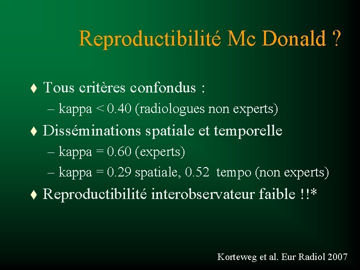 Reproductibilité Mc Donald ? t Tous critères confondus : – kappa < 0. 40
