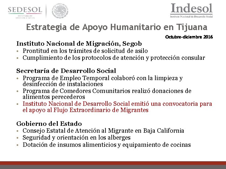 19 Estrategia de Apoyo Humanitario en Tijuana Octubre-diciembre 2016 Instituto Nacional de Migración, Segob