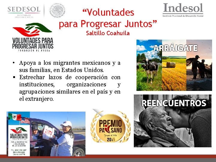 “Voluntades para Progresar Juntos” Saltillo Coahuila • Apoya a los migrantes mexicanos y a